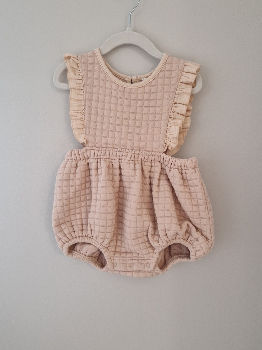 Quincy Mae Quilted Ruffle Bubble Romper in Light Beige